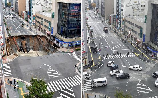 ＪＲ博多駅前の大規模道路陥没事故 「巨大な穴を１週間で修復」…英米メディア驚嘆
