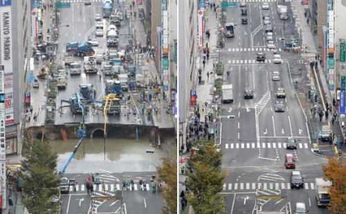 ＪＲ博多駅前の大規模道路陥没事故 「巨大な穴を１週間で修復」…英米メディア驚嘆
