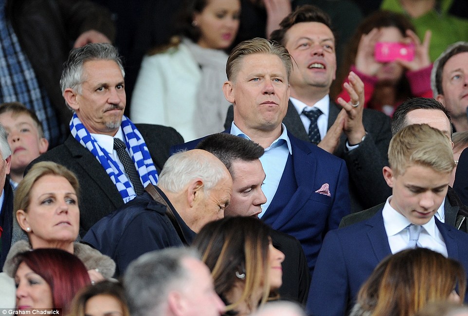 Lineker pictured stood next to Peter Schmeichel at Old Trafford as the former goalkeeper watched his son, Kasper