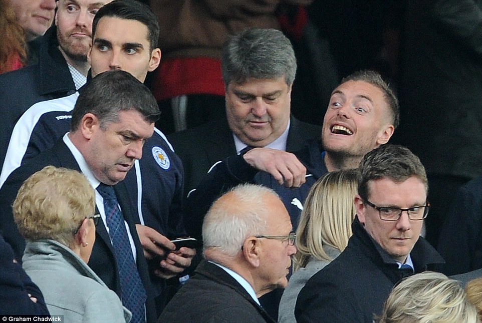 Vardy was all smiles in the crowd as he saw Leicester draw 1-1 with Manchester United on Sunday afternoon