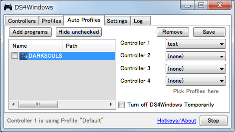 DS4Windows バージョン 1.4.52 Auto Profiles タブ Add programs からゲームプログラムを指定して、Controller 1 にプロファイルを割り当てて Save ボタンで設定を保存、ゲームを起動してプロファイルで設定した内容が反映されればプロファイル切り替え成功、指定したプログラムがウィンドウアクティブになっている場合のみプロファイルが切り替わるので、違うウィンドウに移動すると切り替える前のプロファイルに自動的に戻る
