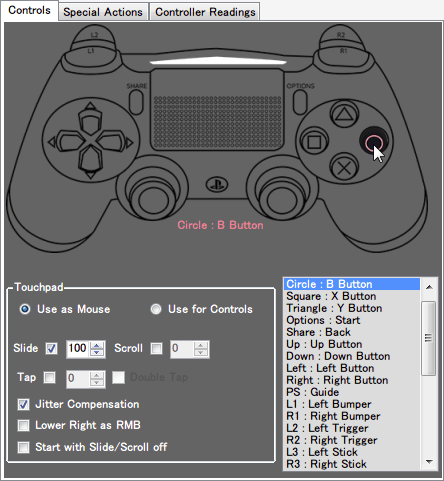 DS4Windows バージョン 1.4.52 ボタンマッピング ボタンの割り当て変更方法は設定したいコントローラーのボタンを押すかコントローラー画像のボタンアイコンクリック、もしくは右下のボタンマッピングリストをダブルクリックする