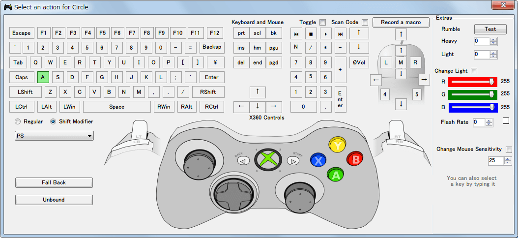 DS4Windows バージョン 1.4.52 Shift Modifier 設定例 PS ボタンを押しながら ○ ボタンを押したときにキーボードの A を入力、PS ボタンを押しながら押した ○ ボタン自体は反応しない