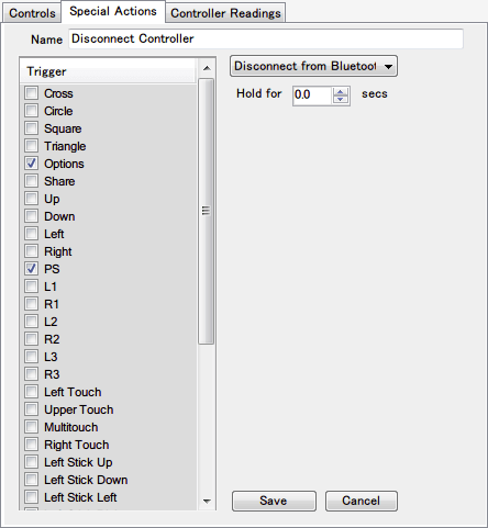 DS4Windows バージョン 1.4.52 Special Actions タブ デフォルトで設定されている Disconnect Controller を選択して Edit Action で開いたところ、Options ボタンと PS ボタンを押すと Bluetooth 接続が切断されるように設定されている、Hold for 0.0 secs はボタンを押し続ける時間で 0.0 sec の場合は指定されたボタンを押した瞬間に実行されるようになっている
