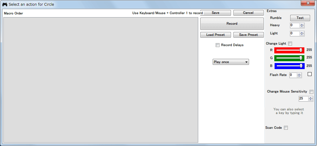 DS4Windows バージョン 1.4.52 ボタンマッピング設定画面で Record a macro ボタンをクリックした際に開くマクロ編集画面