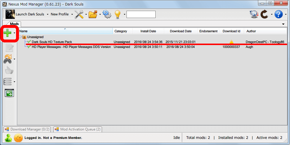 Nexus Mod Manager（NMM） 画面右側にある ＋ボタン（Add Mod from File） をクリックしてダウンロードした Mod ファイルを追加するか、NMM に Mod ファイルをドラッグアンドドロップで追加する
