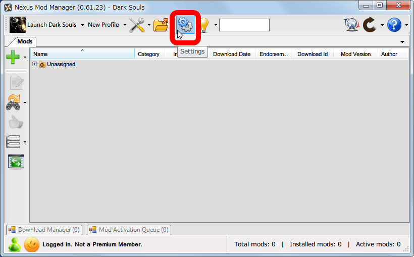 Nexus Mod Manager（NMM） の設定内容によっては DOWNLOAD（NMM） や DOWNLOAD WITH MANAGER ボタンをクリックしても NMM が反応しないことがある、NMM の Settings ボタンをクリックして設定内容を確認