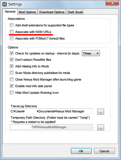 Nexus Mod Manager（NMM） の Setting から General タブにある Associate with NXM URLs にチェックマークが入ってないと、ブラウザから直接 NMM に Mod をダウンロード・インストールすることができない
