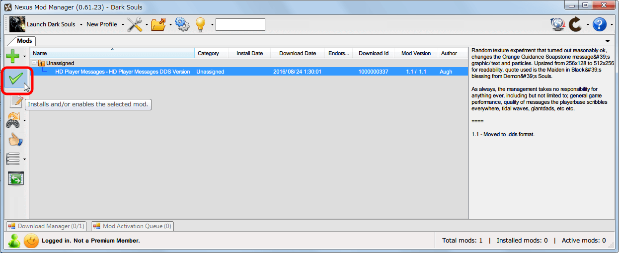 Nexus Mod Manager（NMM） に登録された Mod をゲームに適用させるには、Mod が選択された状態で画面左側にある緑のチェックマーク（Installs and/or enables the selected mod.）をクリックするか、Mod 項目をダブルクリックする