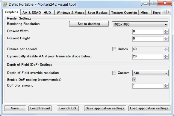 DSfix.ini 編集ツール Morten242s UI for DSfix、Graphics タブ 初期設定状態