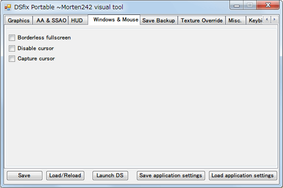 DSfix.ini 編集ツール Morten242s UI for DSfix、Windows ＆ Tab タブ 初期設定状態