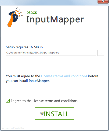 InputMapper 1.6.9 インストール、インストール先フォルダの確認と任意指定、インストール容量は 16 MB、I agree to the License terms and conditions. にチェックマークを入れて INSTALL ボタンをクリック