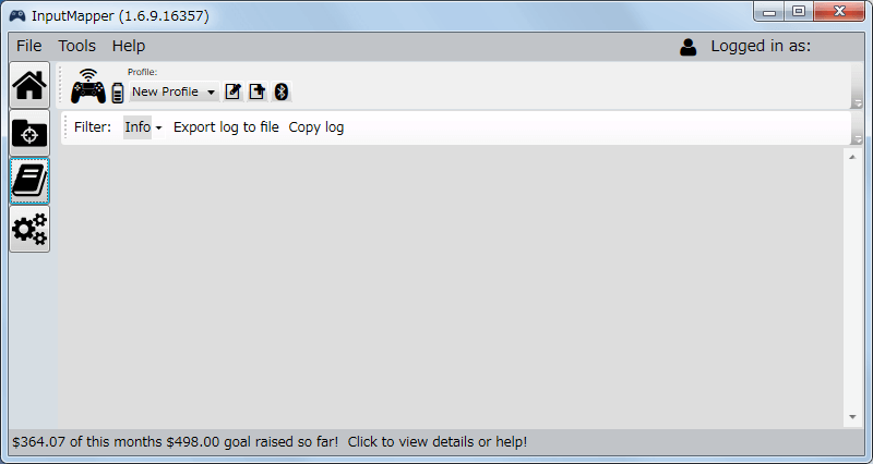 InputMapper 1.6.9 Log 画面、コントローラの接続エラーが発生した場合は、この Log 画面でエラー内容を確認