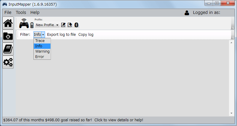 InputMapper 1.6.9 Log 画面 の Filter 一覧、基本的なエラー内容は Info フィルターで確認できる、Trace ではすべてのログ内容を確認できる