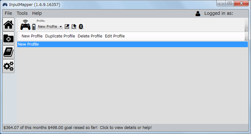 InputMapper 1.6.9 Profiles 画面、New Profile かコントローラーアイコン横に表示されている＋ボタンをクリックで新規プロファイルの作成、Duplicate Profile で選択しているプロファイルを複製、Edit Profile かコントローラーアイコン横に表示されているペンマークボタンをクリックでプロファイル編集