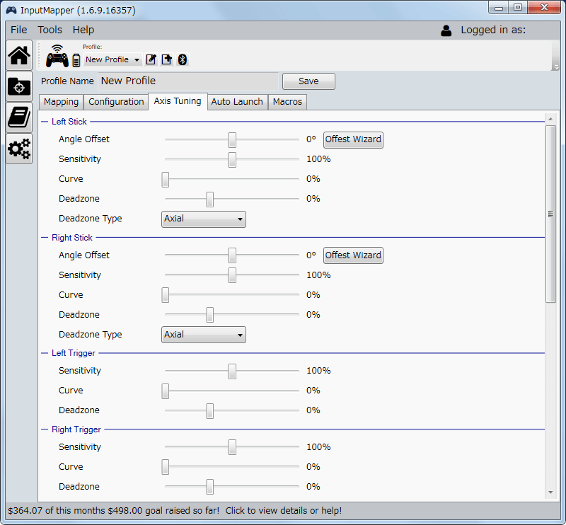 InputMapper 1.6.9 Profiles 画面で選択したプロファイルの編集画面内容 Axis Tuning タブ その1 左右のアナログスティック、トリガー、6軸検出システム（3軸ジャイロ・3軸加速度）の細かい調節が可能