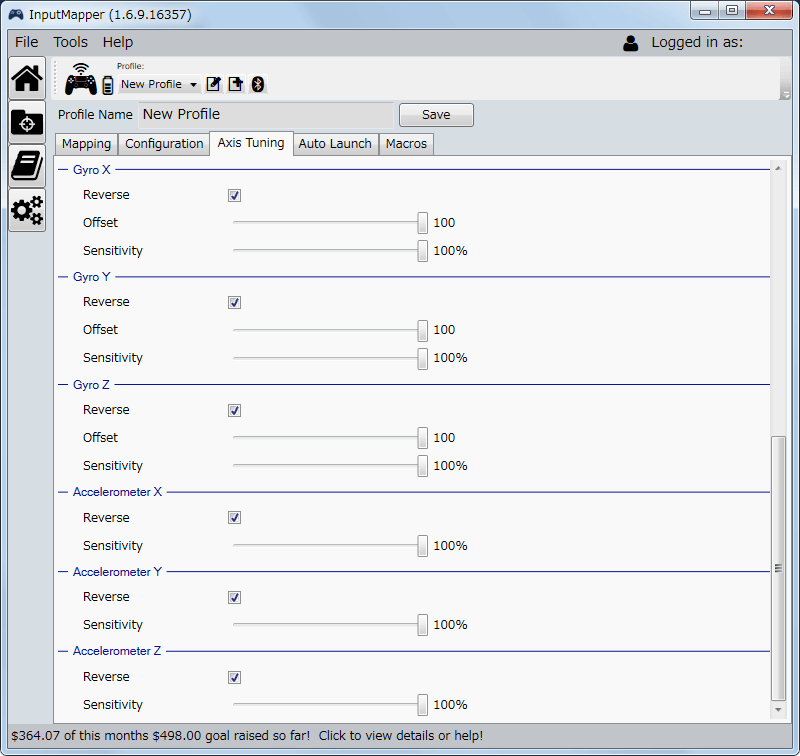 InputMapper 1.6.9 Profiles 画面で選択したプロファイルの編集画面内容 Axis Tuning タブ その2 左右のアナログスティック、トリガー、6軸検出システム（3軸ジャイロ・3軸加速度）の細かい感度調節が可能