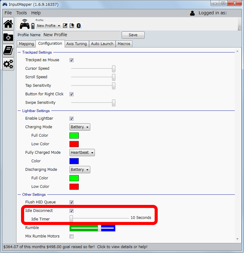 InputMapper 1.6.9 Profiles 画面で選択したプロファイルの編集画面内容 Configuration タブ、Idel Disconnect にチェックマークを入れることで Idle Timer が表示される、最少 10秒から設定可能