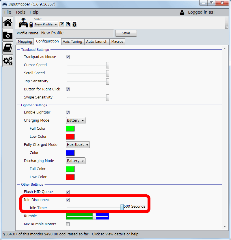 InputMapper 1.6.9 Profiles 画面で選択したプロファイルの編集画面内容 Configuration タブ、Idel Disconnect にチェックマークを入れることで Idle Timer が表示される、最大 10分（600秒）まで指定できる