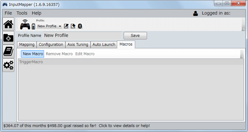 InputMapper 1.6.9 Profiles 画面で選択したプロファイルの編集画面内容 Macros タブ