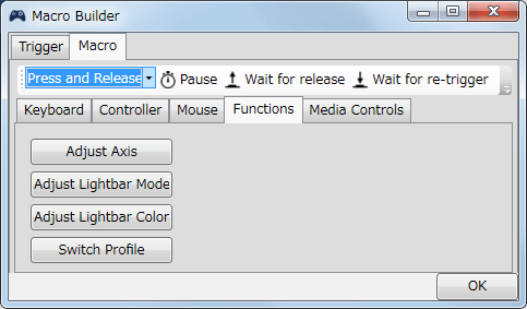 InputMapper 1.6.9 Profiles 画面で選択したプロファイルの編集画面内容 Macros タブで New Macro または Edit Macro をクリックしたときに開く Macro Builder 画面の Macro タブ、Keyboard タブ、Controller タブ、Mouse タブ、Media Controls タブの内容は Mapping タブで各ボタンに設定できるボタン割り当て機能と同じ内容
