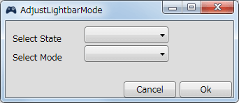 InputMapper 1.6.9 Profiles 画面で選択したプロファイルの編集画面内容 Macros タブで New Macro または Edit Macro をクリックしたときに開く Macro Builder 画面の Macro タブにある Fuctions タブ内にある Adjust Lightbar Mode ボタンをクリックしたときに開く AdjustLightbarMode 画面、充電・バッテリー駆動状態でのライトバー点滅・点灯状態の変更