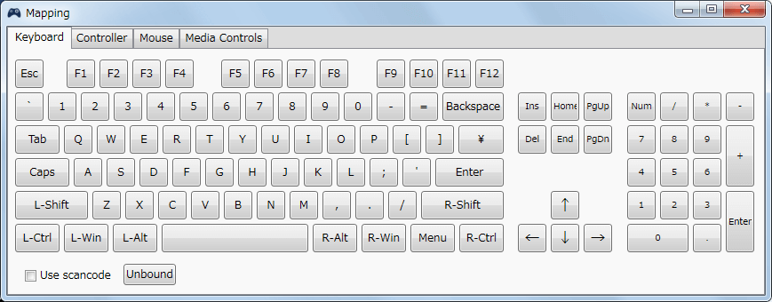 InputMapper 1.6.9 Profiles 画面で選択したプロファイルの編集画面内容 Mapping タブで各ボタンに割り当てられる内容 Keyboard タブ