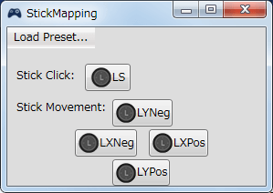 InputMapper 1.6.9 Profiles 画面で選択したプロファイルの編集画面内容 Mapping タブで左アナログスティックに割り当てられる内容 StickMapping 画面
