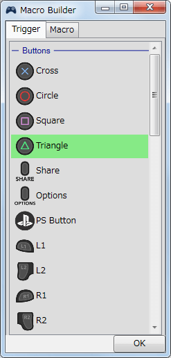 InputMapper 1.6.9 マクロ設定 マクロを起動するために入力したボタンをコントローラー側に反応させない方法、割り当て解除した Y ボタンをマクロでボタン入力を再割り当てる、Macro Builder 画面の Trigger タブを開き割り当てを解除したボタン（△ Triangle）をクリックしてハイライトをグリーンの状態にする