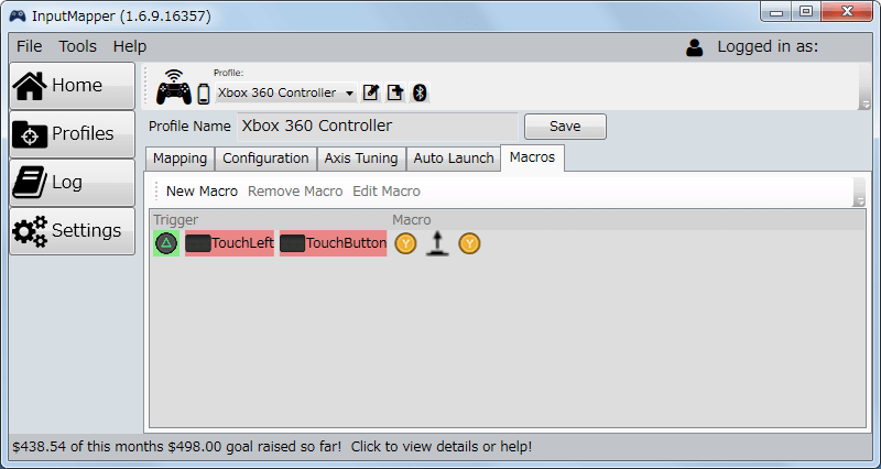 InputMapper 1.6.9 マクロ設定 マクロを起動するために入力したボタンをコントローラー側に反応させない方法、このマクロ設定はコントローラーの Mapping でボタン入力を解除しても、マクロで解除したボタンを再度割り当てられる設定となっている、マクロを起動させるために使うボタン Touch Left ＋ Touch Pad Click がレッドになっている場合は、タッチパッド左クリックを押している状態では △ ボタンを押しても、△ ボタンが入力されないなっている