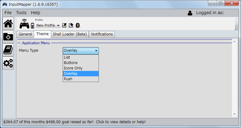 InputMapper 1.6.9 Settings 画面 Theme タブ、InputMapper のメニューアイコンの表示方法の変更、デフォルトは Overlay