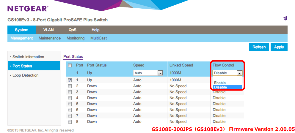 NETGEAR アンマネージプラススイッチ ギガ 8ポート スイッチングハブ 管理機能付 無償永久保証 GS108E-300JPS Web 管理画面 System - Management - Port Status - Flow Control（初期設定 Disable） をクリックするとメニューが表示されるので、その中から Enable, Disable が選択可能