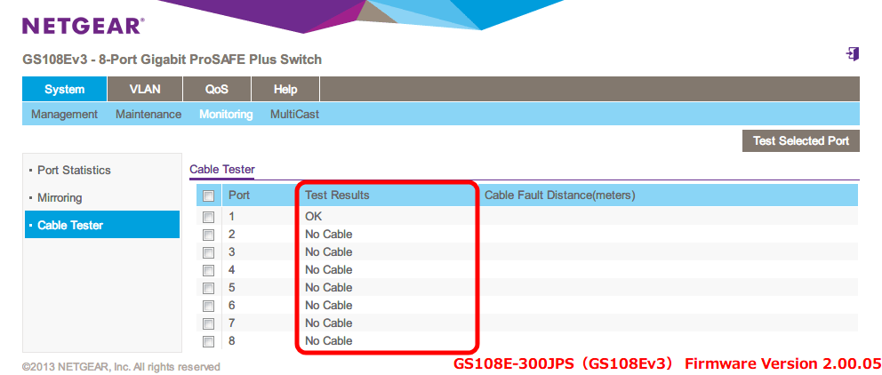 NETGEAR アンマネージプラススイッチ ギガ 8ポート スイッチングハブ 管理機能付 無償永久保証 GS108E-300JPS Web 管理画面 System - Monitoring - Cable Tester - Test Results 項目にケーブルテスト結果が表示される