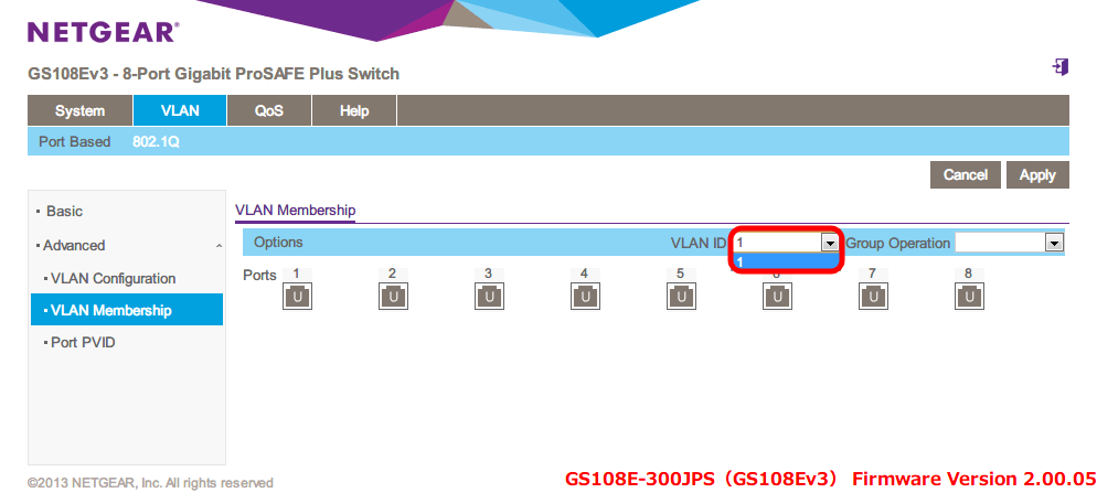 NETGEAR アンマネージプラススイッチ ギガ 8ポート スイッチングハブ 管理機能付 無償永久保証 GS108E-300JPS Web 管理画面 VLAN - 802.1Q - Advanced - VLAN Membership - VLAN ID には VLAN Identifier Setting で追加した VLAN ID が表示される