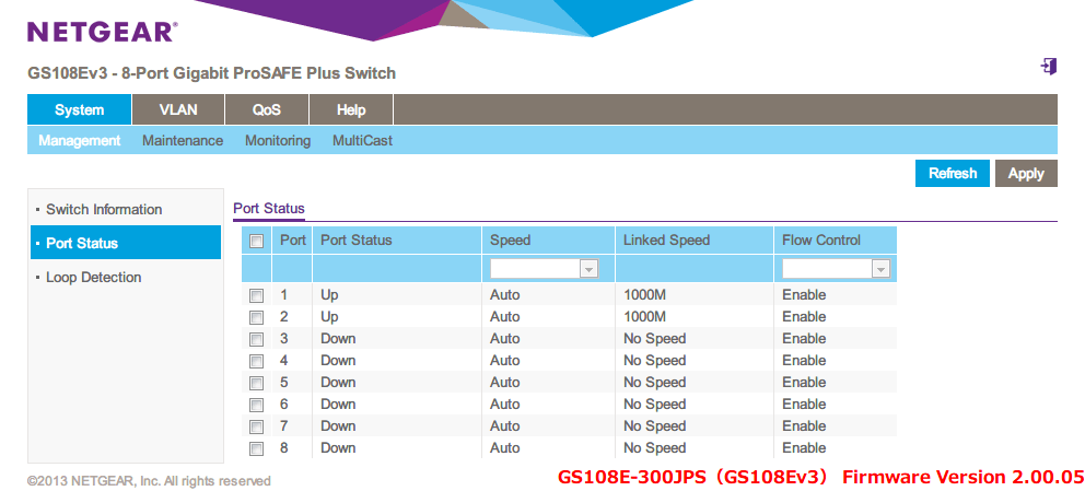 NETGEAR アンマネージプラススイッチ ギガ 8ポート スイッチングハブ 管理機能付 無償永久保証 GS108E-300JPS Web 管理画面 System - Management - Port Status - Flow Control（初期設定 Disable） すべてのポートを Enable に変更