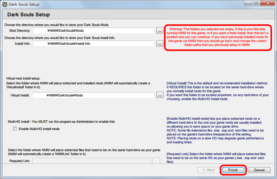 Nexus Mod Manager（NMM） ダウンロードした Mod ファイルの保存フォルダ設定画面、設定したパス名にフォルダがないため表示される警告メッセージ、問題ないのでそのまま Finish ボタンをクリック