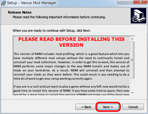 Nexus Mod Manager（NMM） 0.61.23 インストール、Release Notes 画面、Next ボタンをクリック