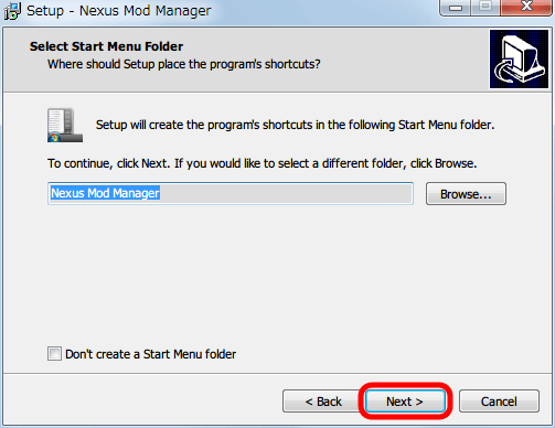 Nexus Mod Manager（NMM） 0.61.23 インストール、Select Start Menu Folder 画面、Next ボタンをクリック