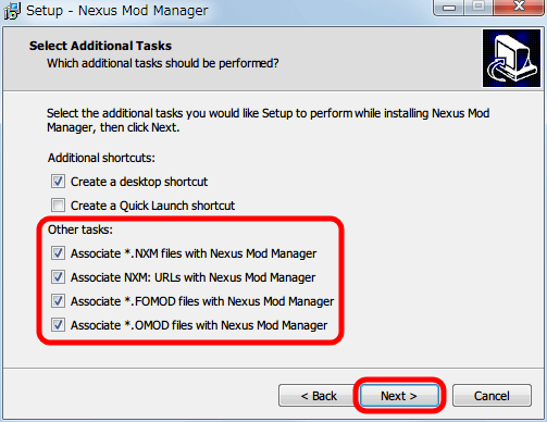 Nexus Mod Manager（NMM） 0.61.23 インストール、Select Additional Tasks 画面、Nexus Mod Manager で使うファイルの関連付けを適宜設定、Next ボタンをクリック