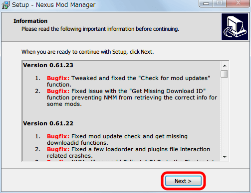 Nexus Mod Manager（NMM） 0.61.23 インストール、Information 画面、Next ボタンをクリック