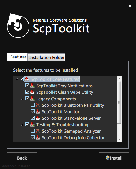 ScpToolkit Features タブ インストールするツール選択画面 その1