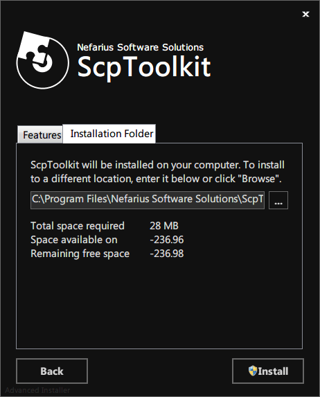 ScpToolkit Installation Folder タブをクリックしてインストール先フォルダの確認、すべてのツールをインストールする場合は 28 MB の容量となる、Install ボタンをクリック