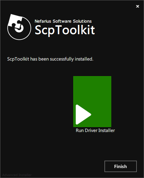 ScpToolkit のインストールが完了、この時点ではまだコントローラー・Bluetooth ドライバがインストールされていないので、Run Driver Installer をクリックして引き続きドライバのインストールを行う、後でも可能