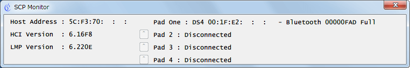 ScpToolkit インストール時に作成されたショートカットから ScpToolkit Monitor (legacy) 画面、デュアルショック 4 を Bluetooth 接続に切り替え時に ScpToolkit Monitor (legacy) 画面で Bluetooth 接続している状態を確認