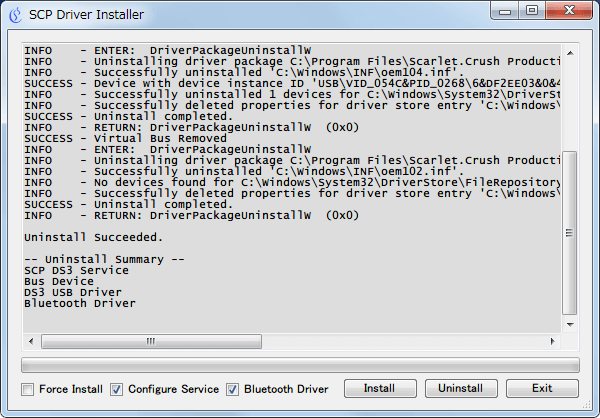 XInput Wrapper for DS3 のアンインストール方法、SCP Driver installer を起動して Uninstall ボタンをクリック