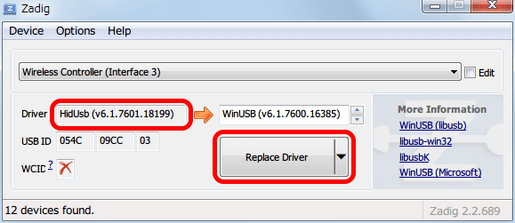 Wireless Controller (Interface 3) をクリックした場合は Driver 項目が HidUsb (v6.1.7601.18199) になる、赤矢印先が WinUSB になっていることを確認して Replace Driver ボタンをクリック、WinUSB 以外だとドライバのインストール後、新型デュアルショック 4 が XInput Wrapper for DS3 上ではおそらく正常に動作しない