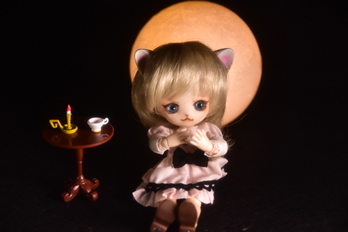 オビツ11ボディ、PARABOXヒカリちゃんヘッドをカスタムして作った猫っ子ポー。満月の夜に秘密のお茶会。
